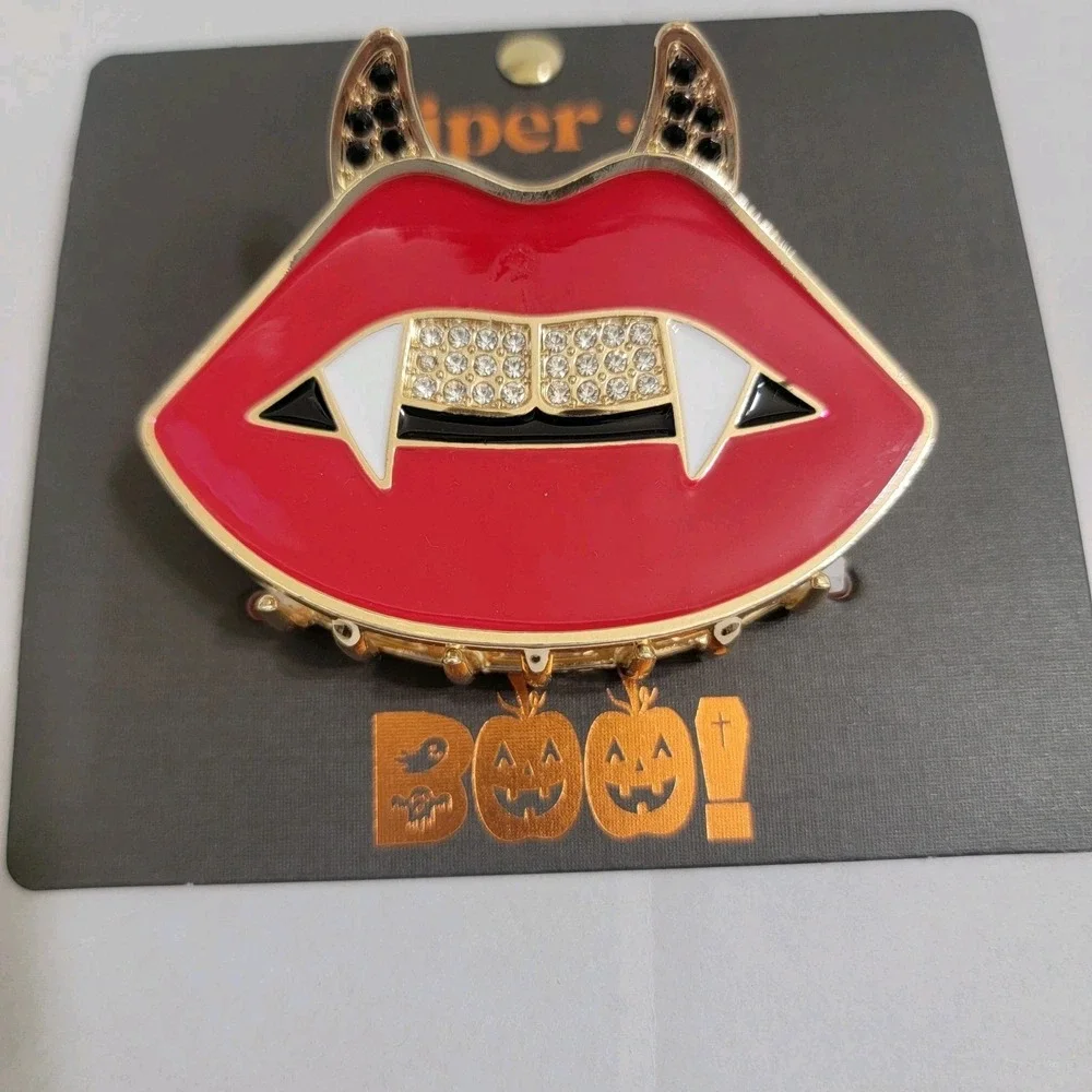 Piper K Halloween Vampire Fangs Red Lips‎ Bling Rhinestones Gold Hair Claw Clip